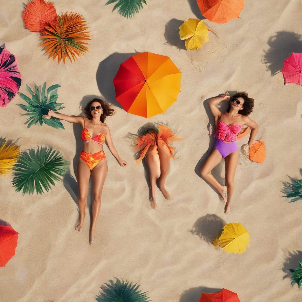 A vibrant beach scene showcasing an array of stylish swimwear options, including high-waisted swimsuits and colorful bikinis. Models of diverse body types pose confidently on the sand, surrounded by bright beach umbrellas and playful waves. The sun casts a warm glow, emphasizing the textures and patterns of the swimwear. Include tropical plants in the background for an exotic feel. High contrast colors with a summer vibe. super-realistic. vibrant colors. 3D.